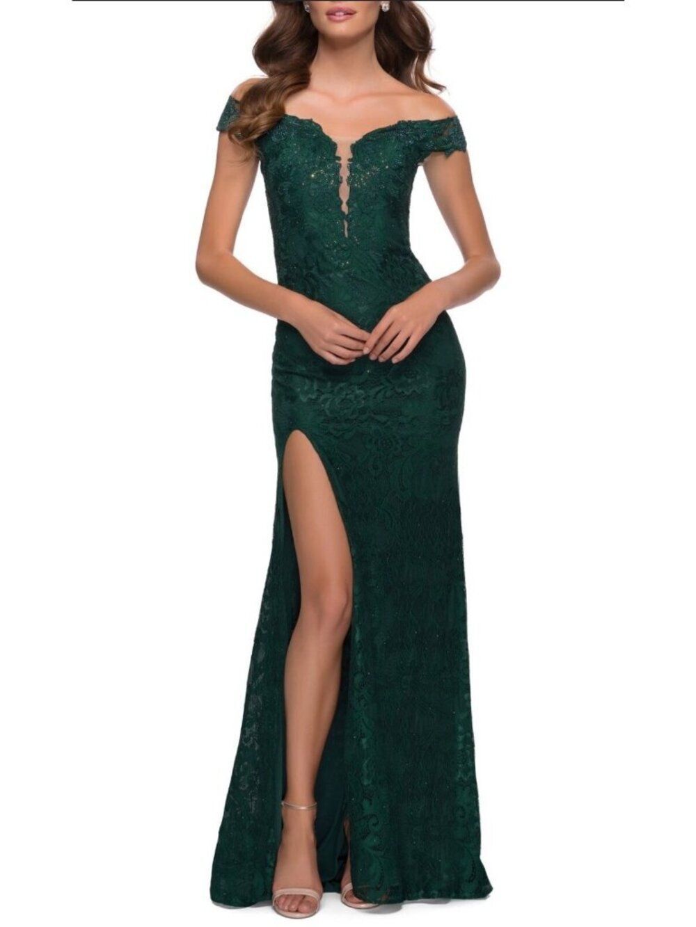 La Femme Emerald Off Shoulder Sparkle Lace Mermaid Gown Size 00